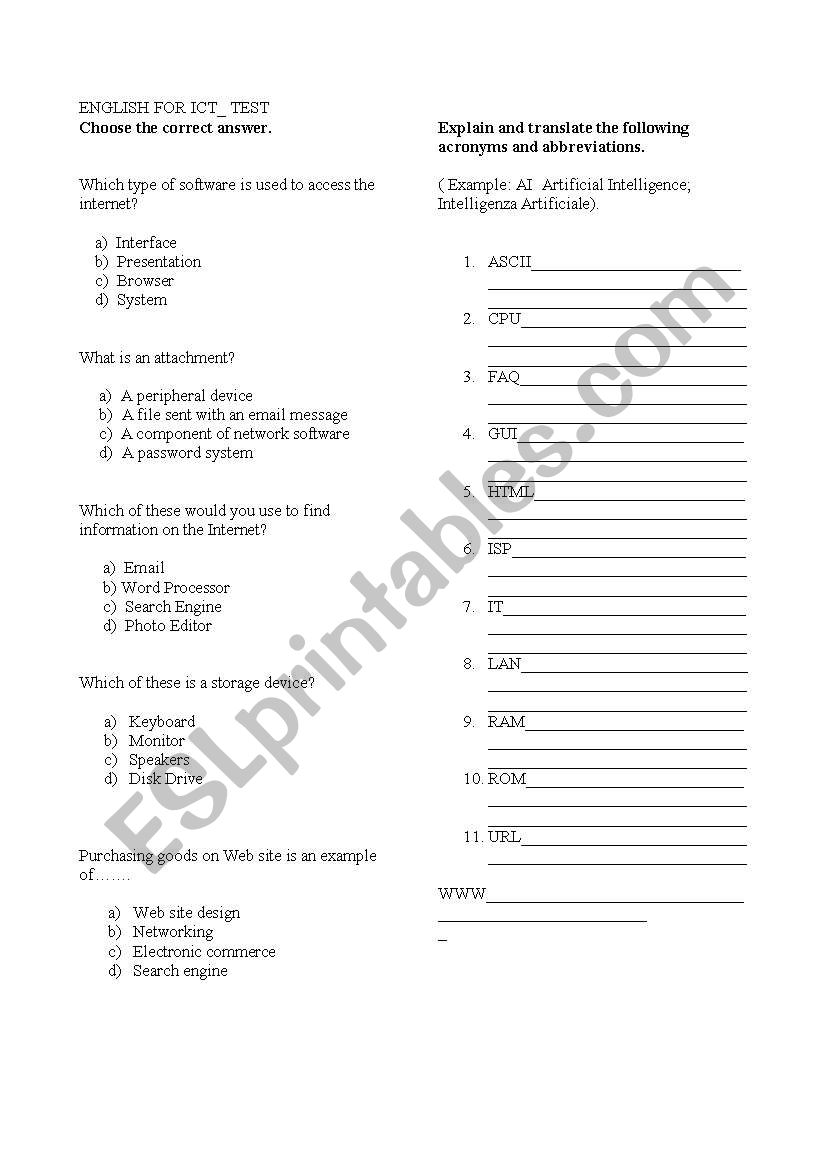 ICT Test worksheet