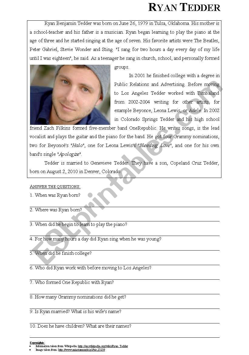 Ryan Tedders biography - reading exercise worksheet