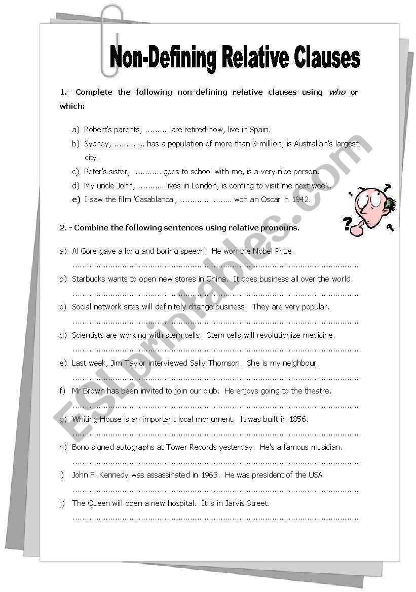 Non-Defining Relative Clauses - With answer key