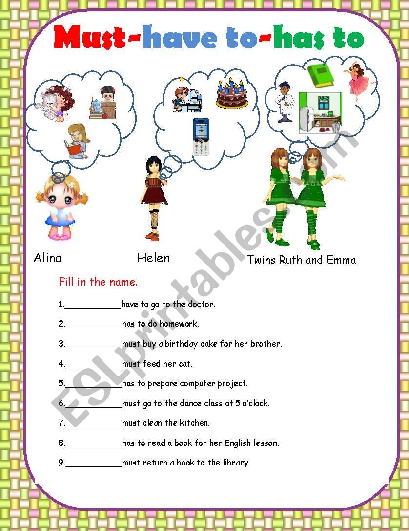 Have to упражнения 6 класс. Must have to упражнения. Задания на must have to Worksheets. Must have to Worksheets 4 класс. Must mustn't have to don't have to Worksheets.