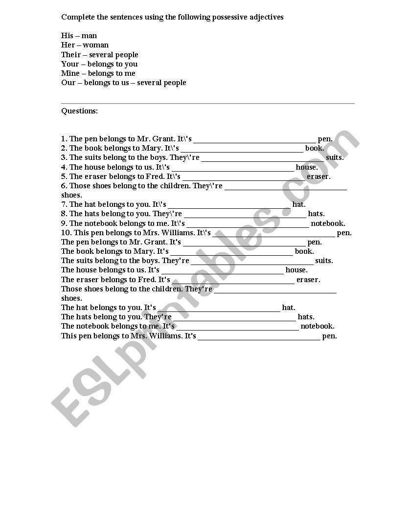 Posessive adjectives worksheet