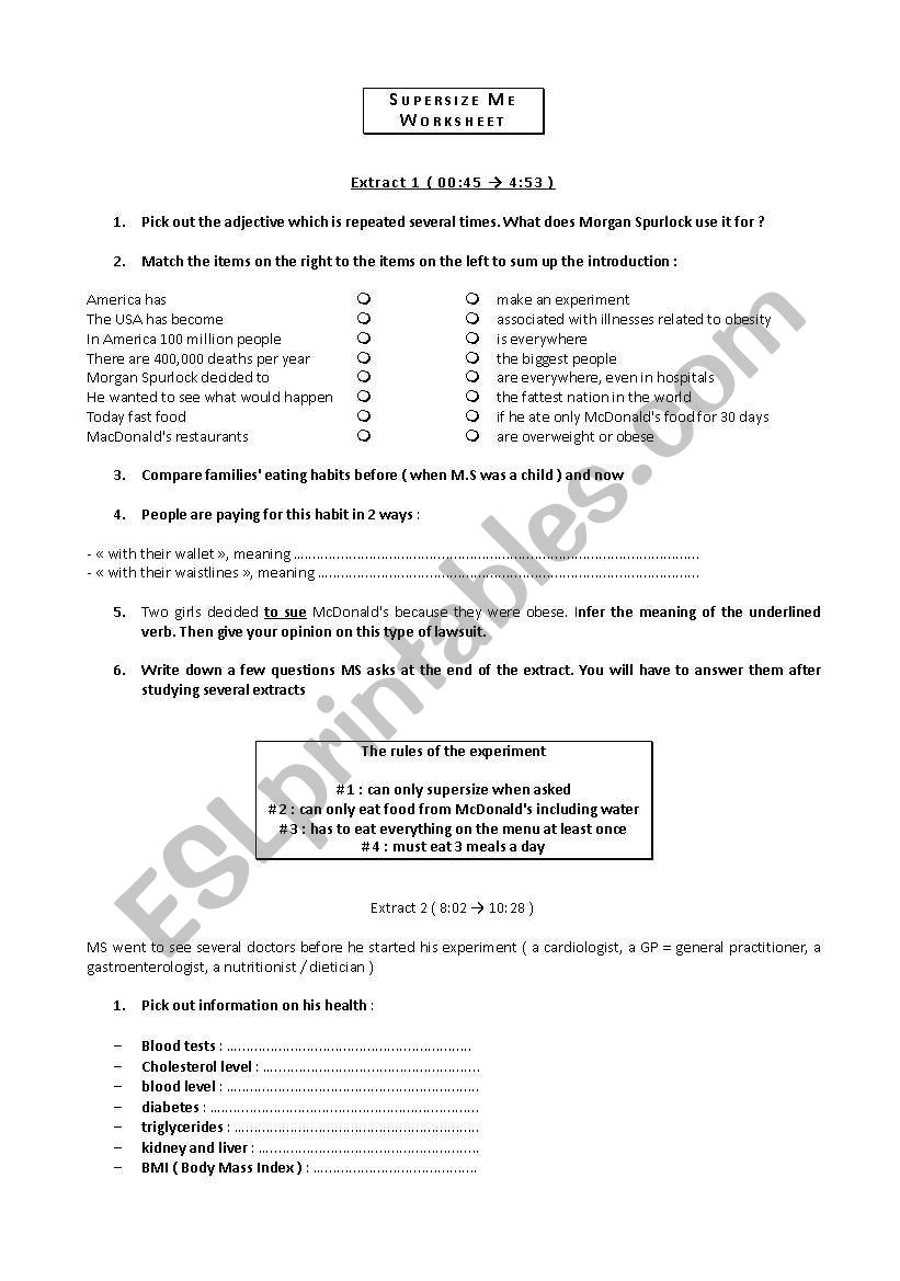 Supersize Me Worksheet worksheet