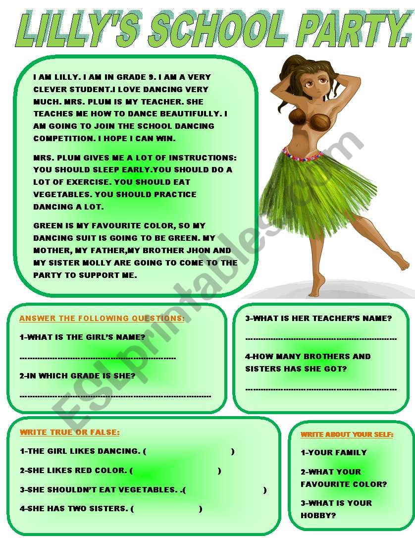 LILLYS SCHOOL PARTY. worksheet