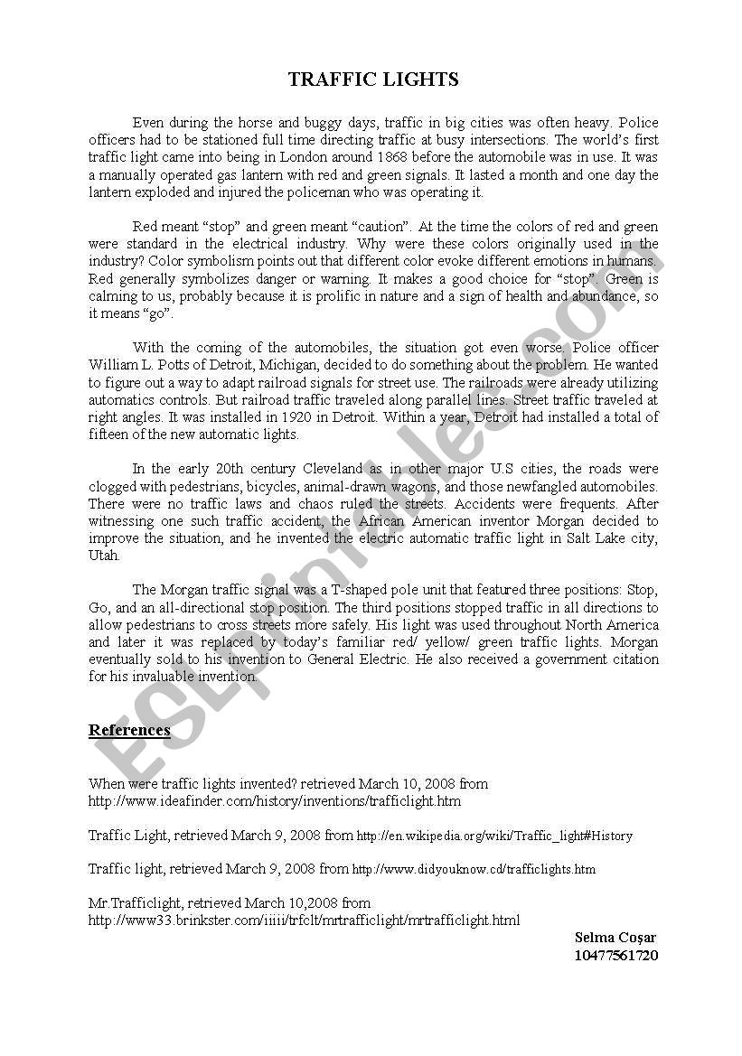 traffic lights worksheet