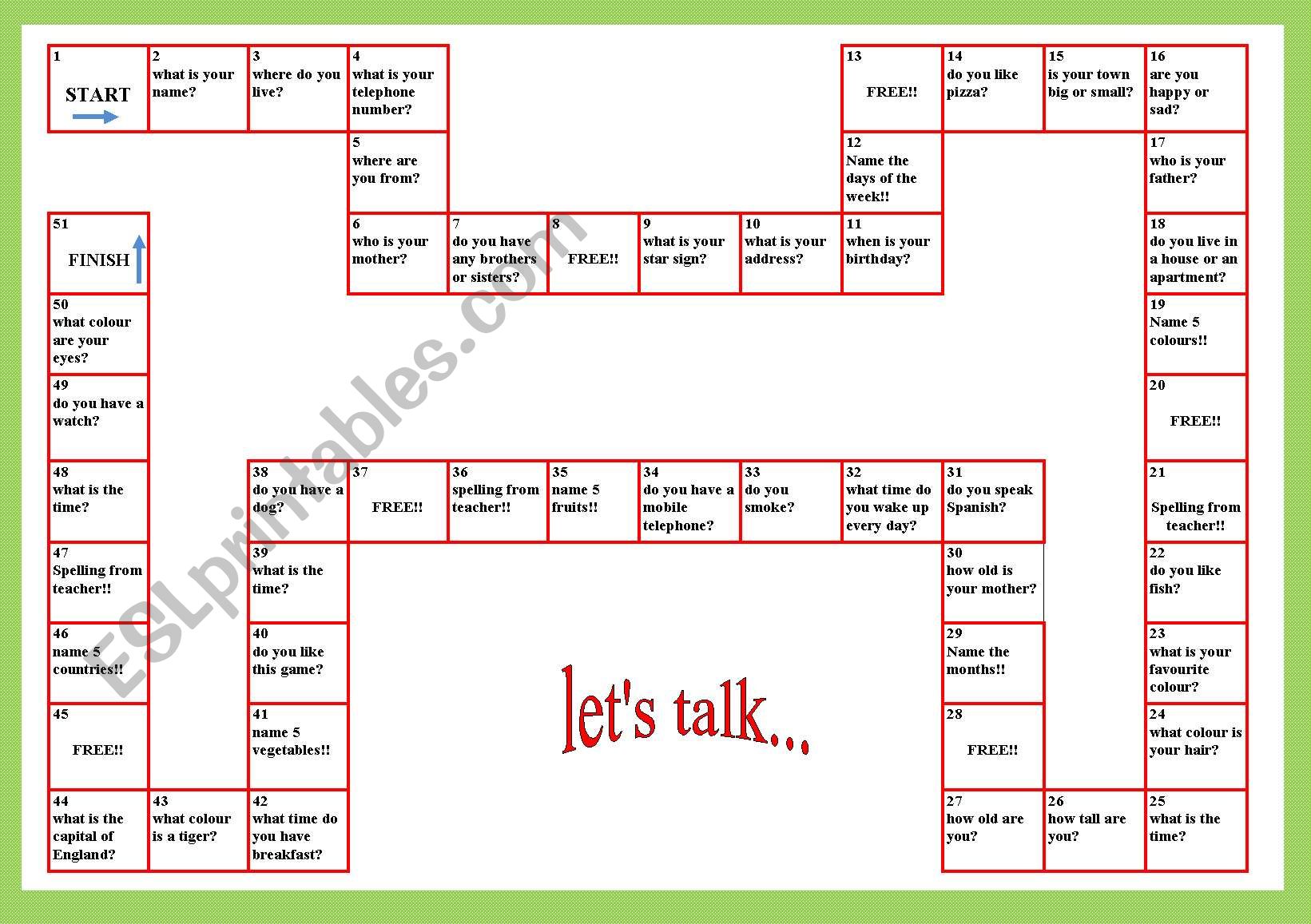 Board game-lets talk worksheet
