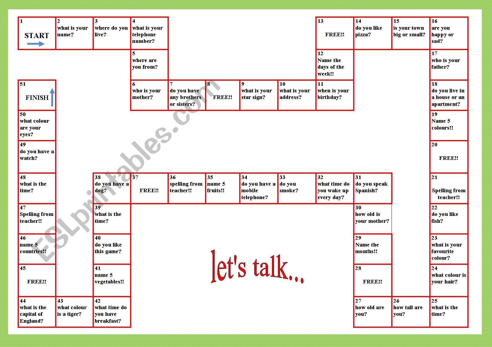 Board game-letÂ´s talk worksheet