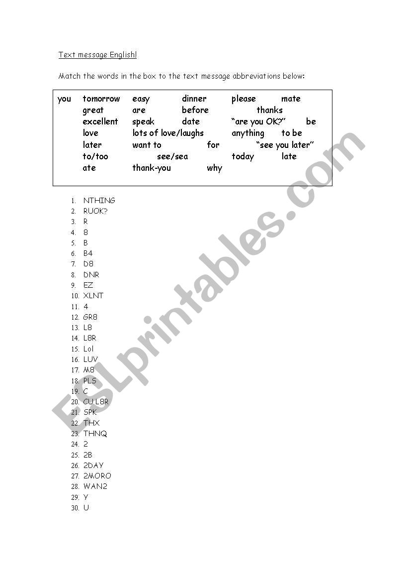 Text Message English worksheet