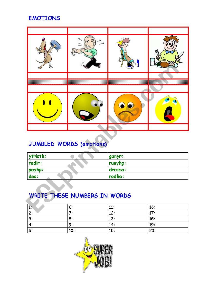 emotions - numbers  worksheet