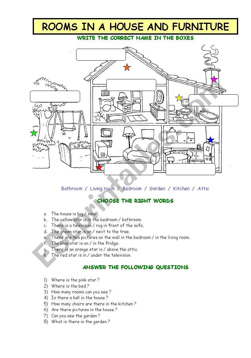 rooms and prepositions  worksheet