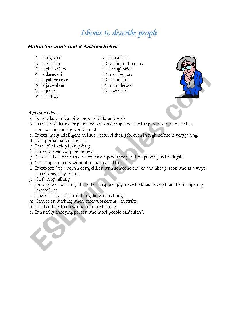 Idioms describing people worksheet