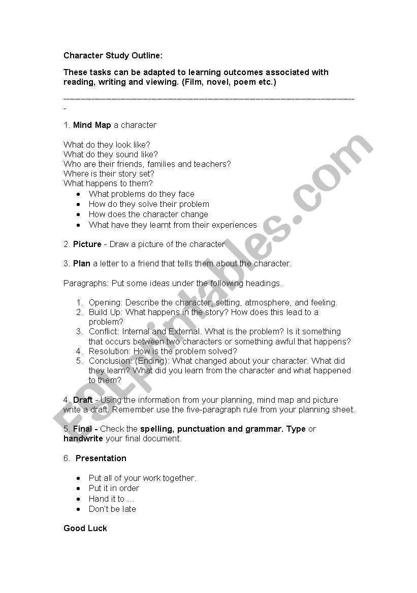 Character Study Plan worksheet