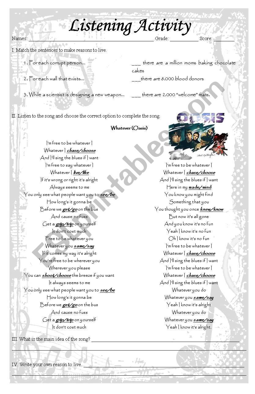 Whatever by Oasis worksheet