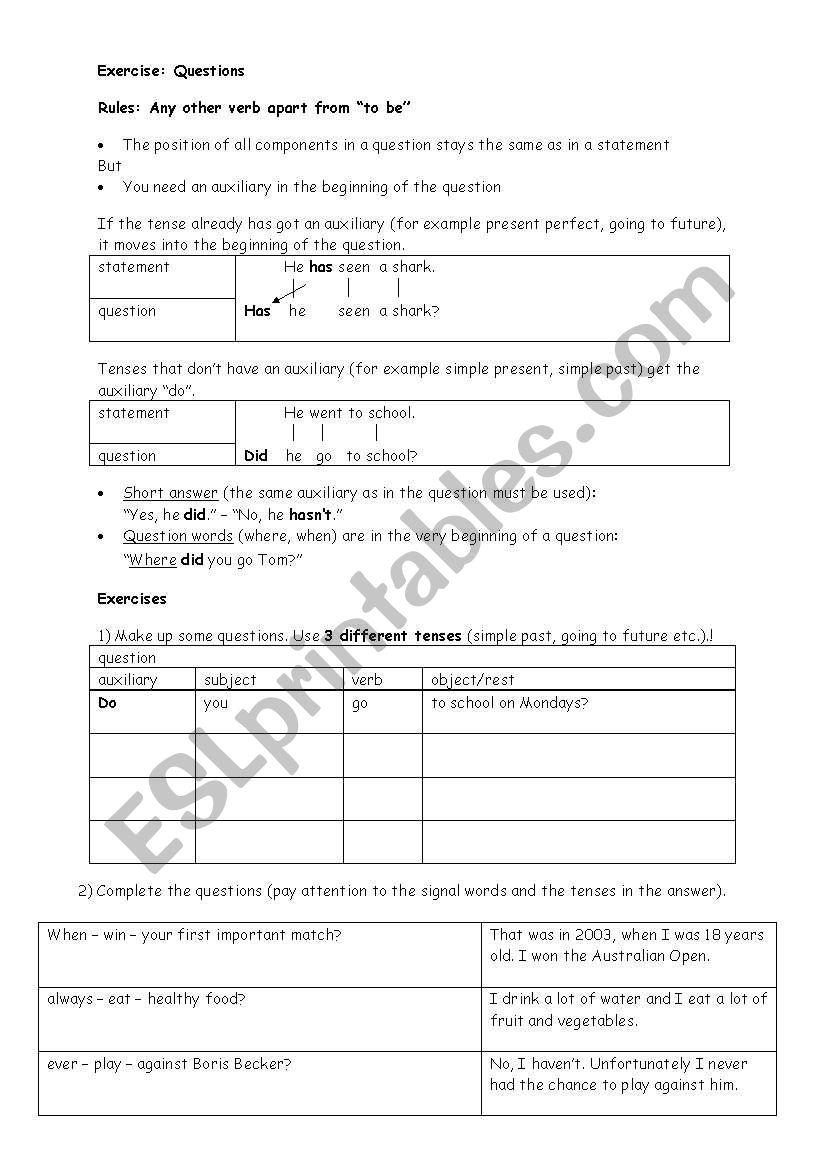 Exercise question worksheet