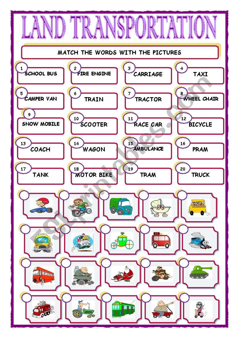 LAND TRANSPORTATION/MATCHING worksheet