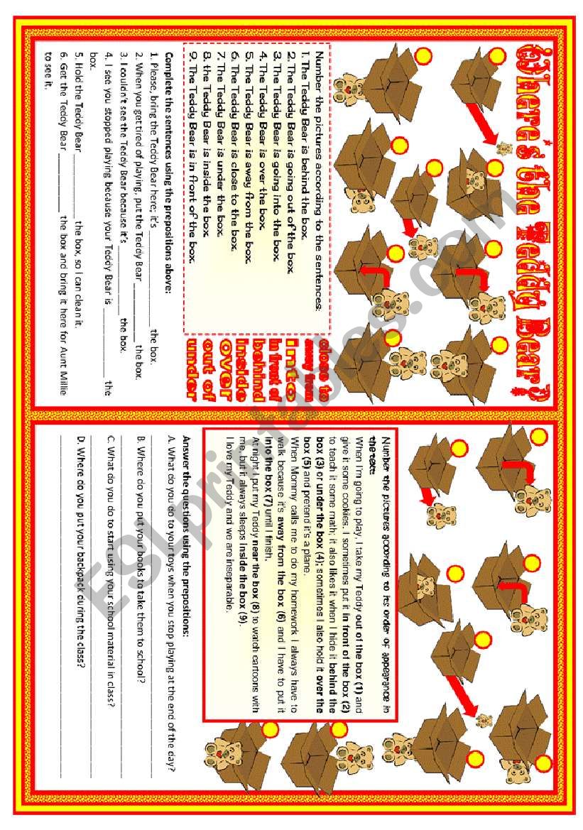 Wheres the Teddy Bear?  prepositions practice  2 pages  B&W included