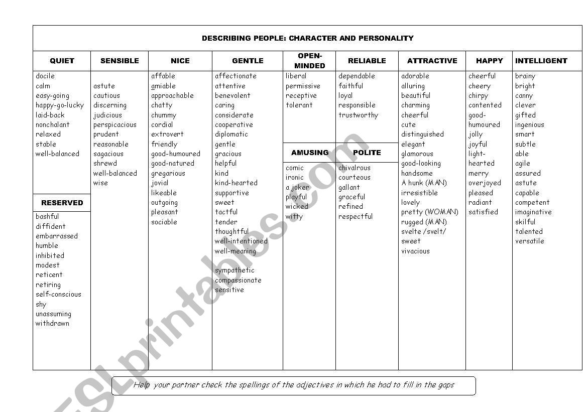 adjectives describing people worksheet