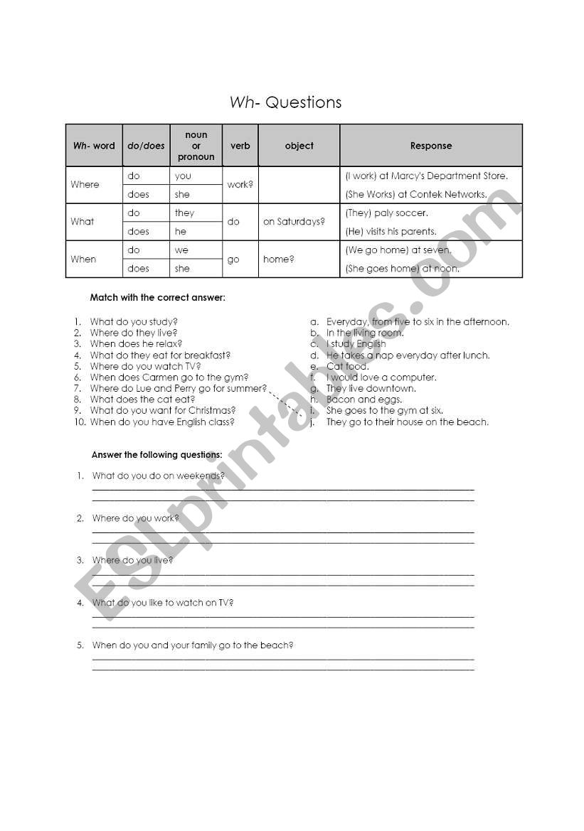 Wh words: what, when & where worksheet