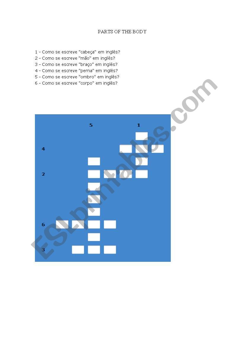 PARTS OF THE BODY CROSSWORD worksheet