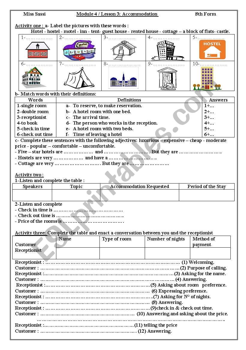 Accommodation for 8th form worksheet