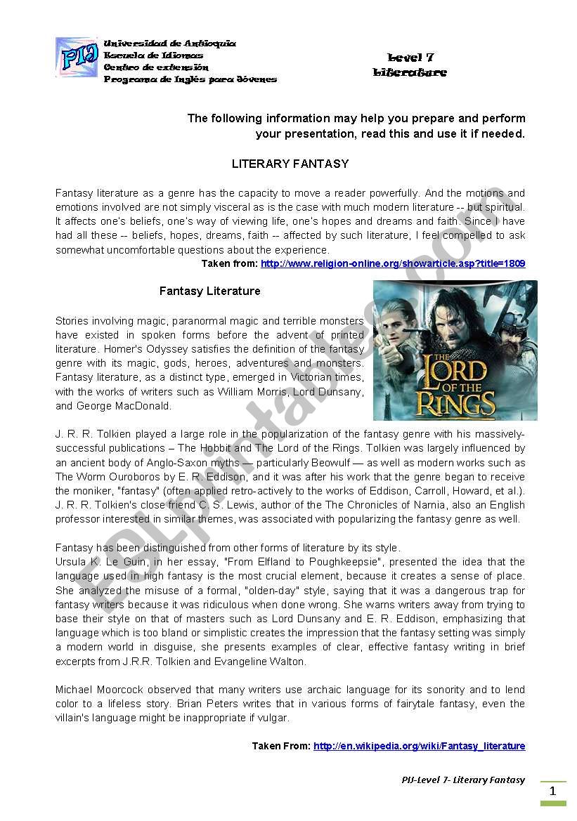 Fantasy Literature worksheet