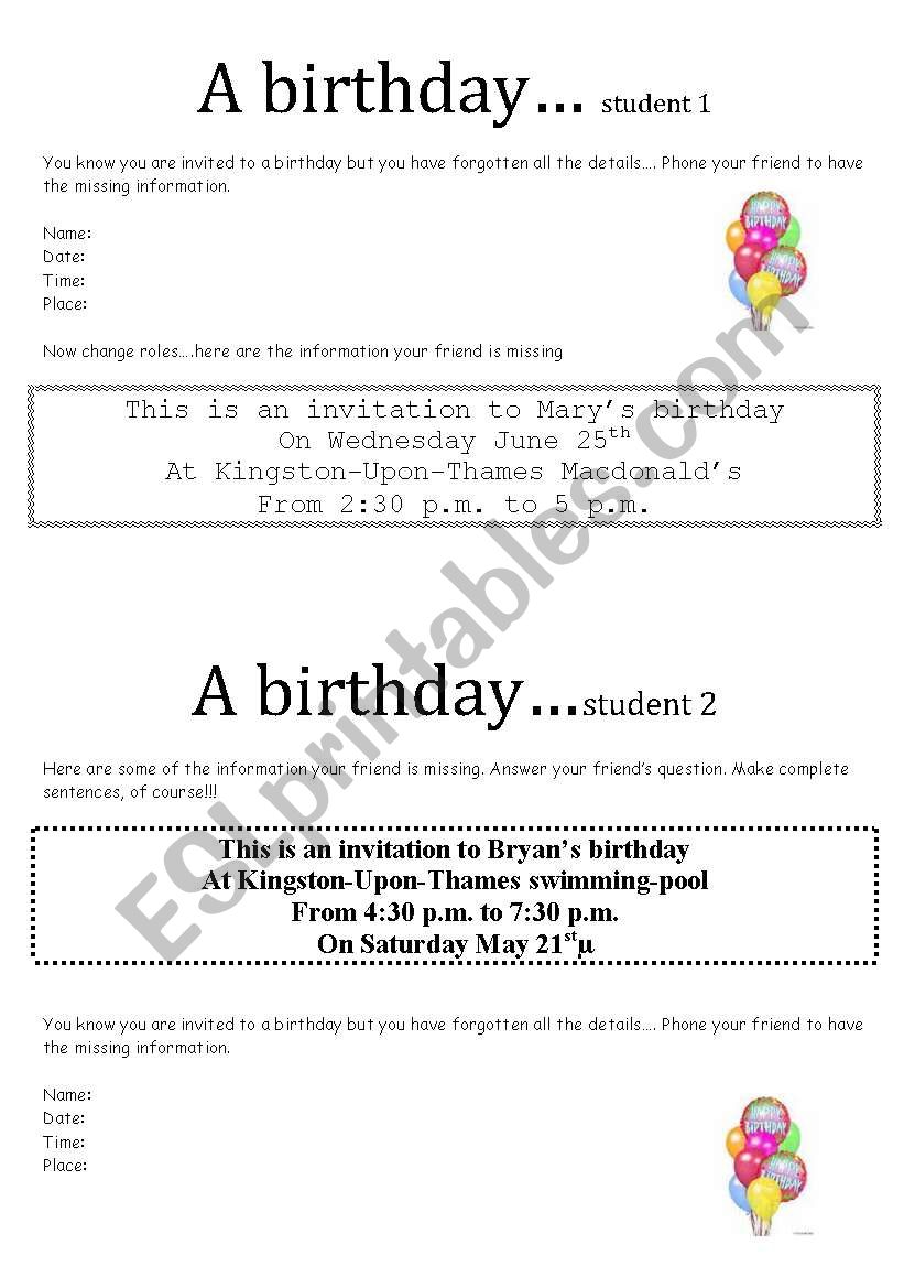 A birthday party worksheet