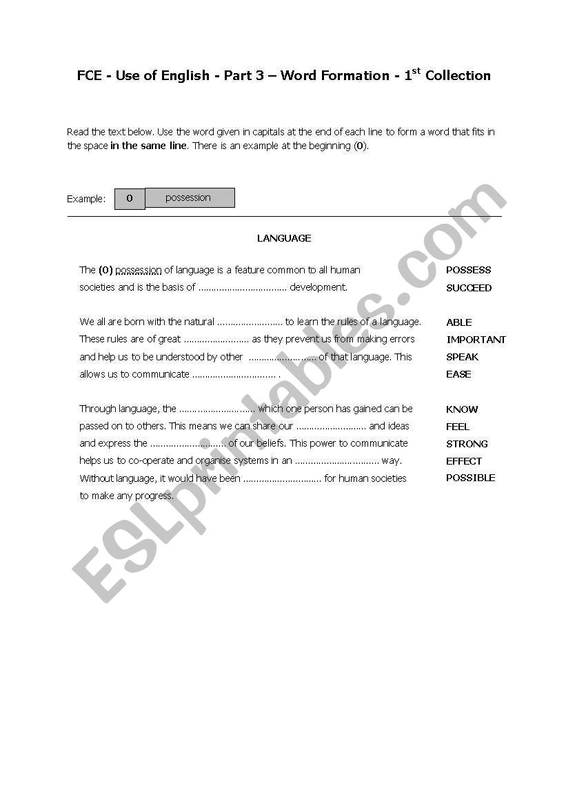 FCE Word Formation Use of English Part 3_21 exercises_10 pages