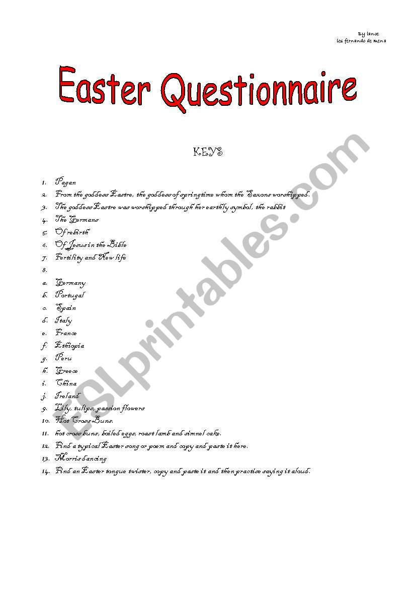 Easter Quiz - keys worksheet