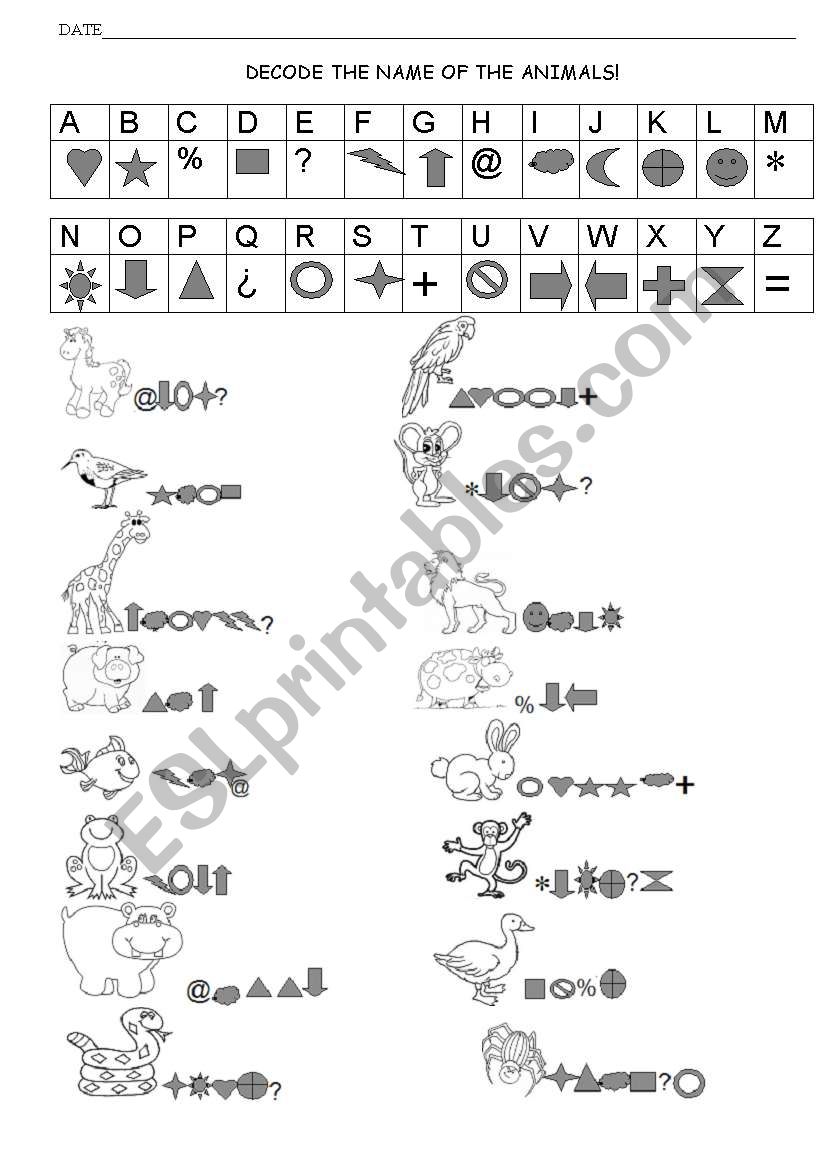 Decoding animals name worksheet