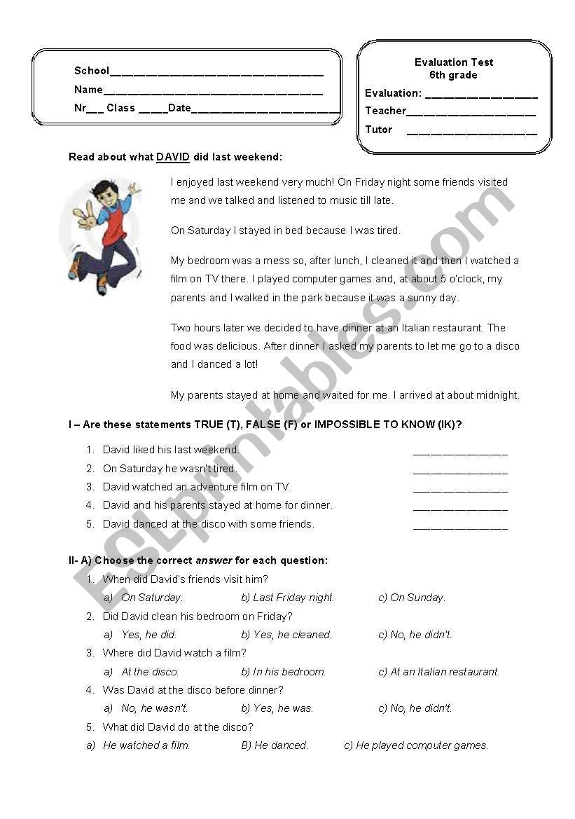 English Test for 6th graders worksheet
