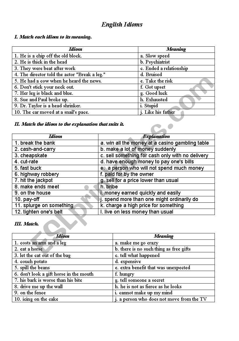 Idioms worksheet