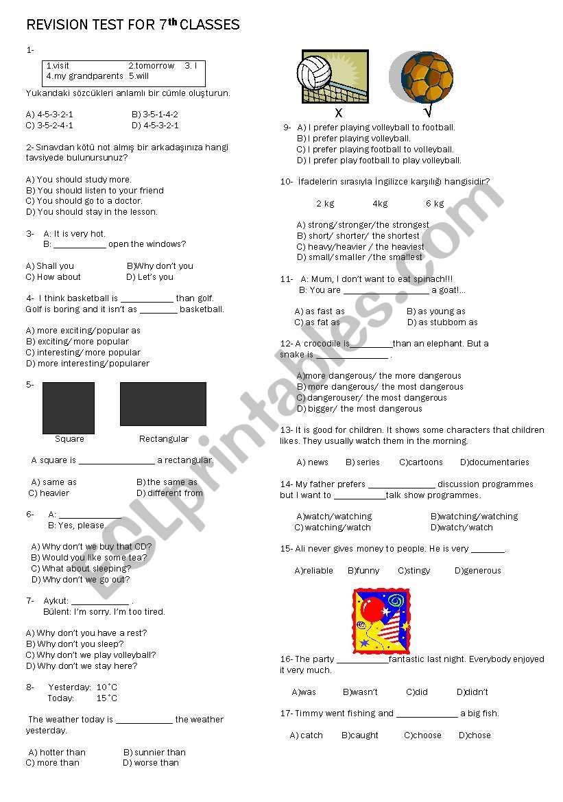 A REVISION TEST FOR 7TH GRADES