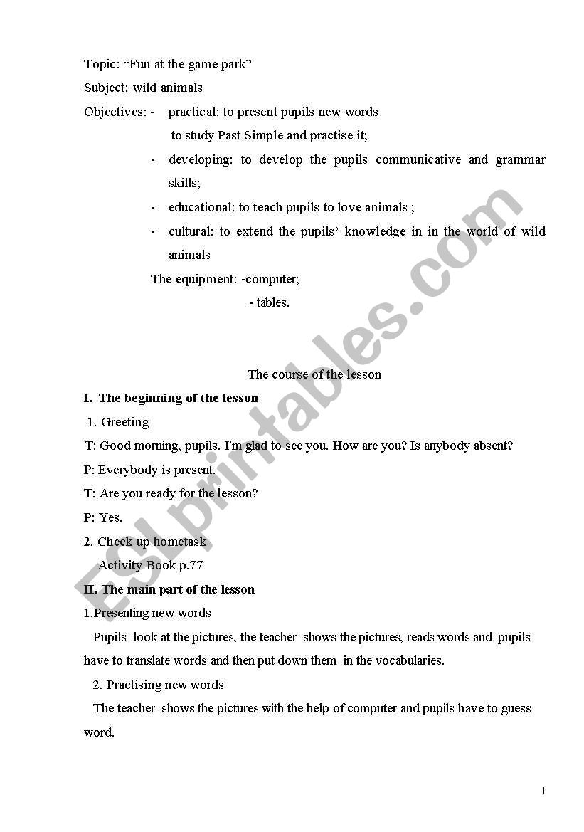 Fun at the game park worksheet