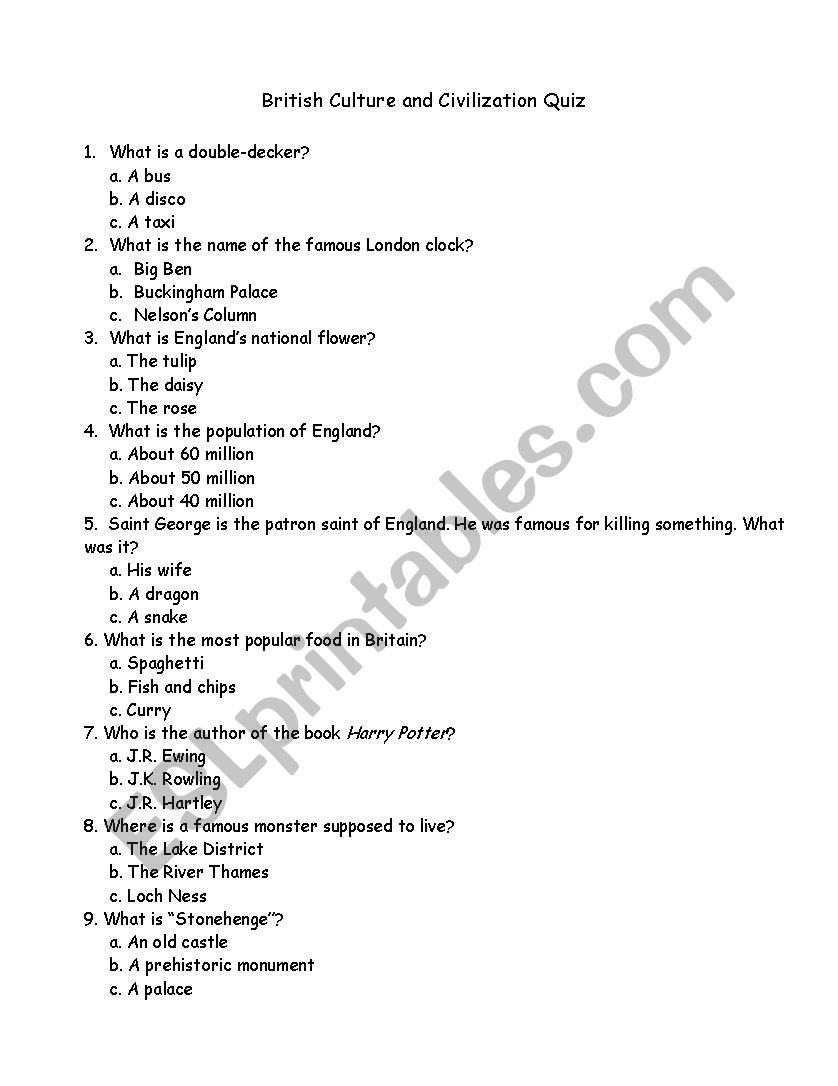 British Culture worksheet