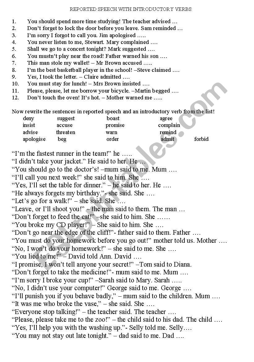 Reported Speech with introductory verbs
