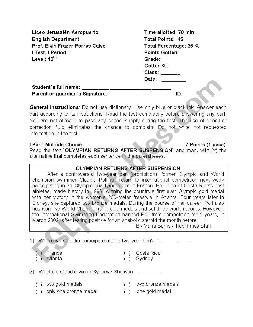 SPORT READING TEST worksheet