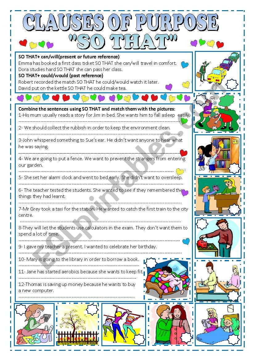 CLAUSES OF PURPOSE SO THAT worksheet