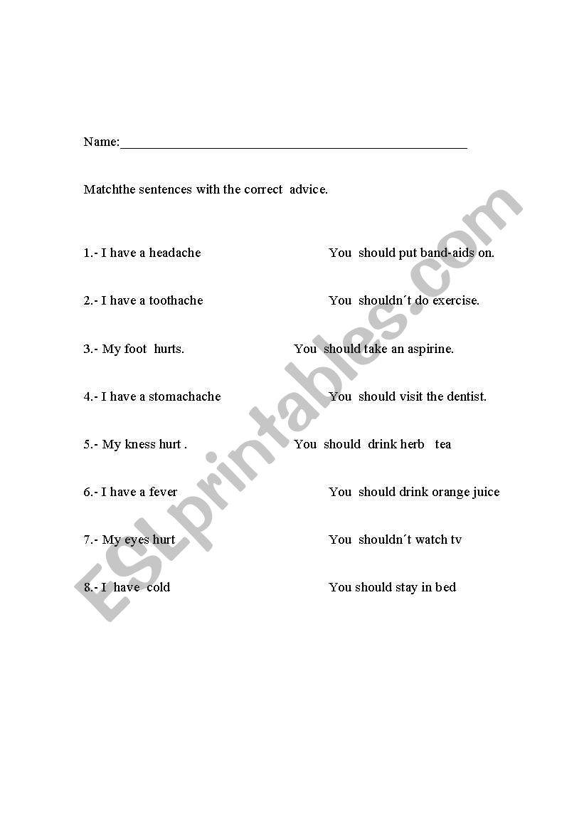 Advice for sicknesses worksheet