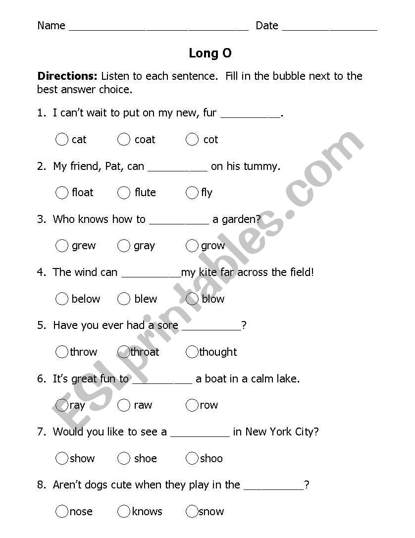 Long O CLoze Activity worksheet