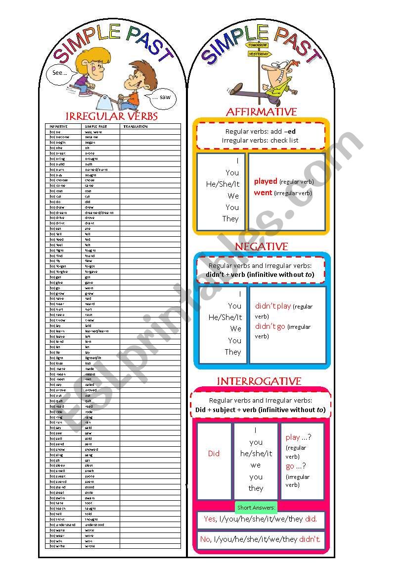 Simple Past - Bookmark worksheet