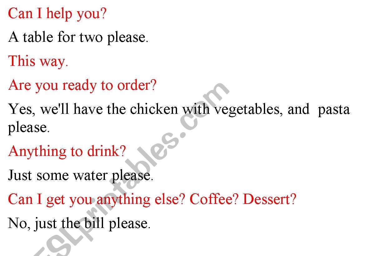 dialogue- In a restaurant worksheet