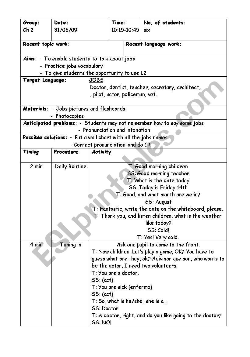 Jobs lesson plan worksheet