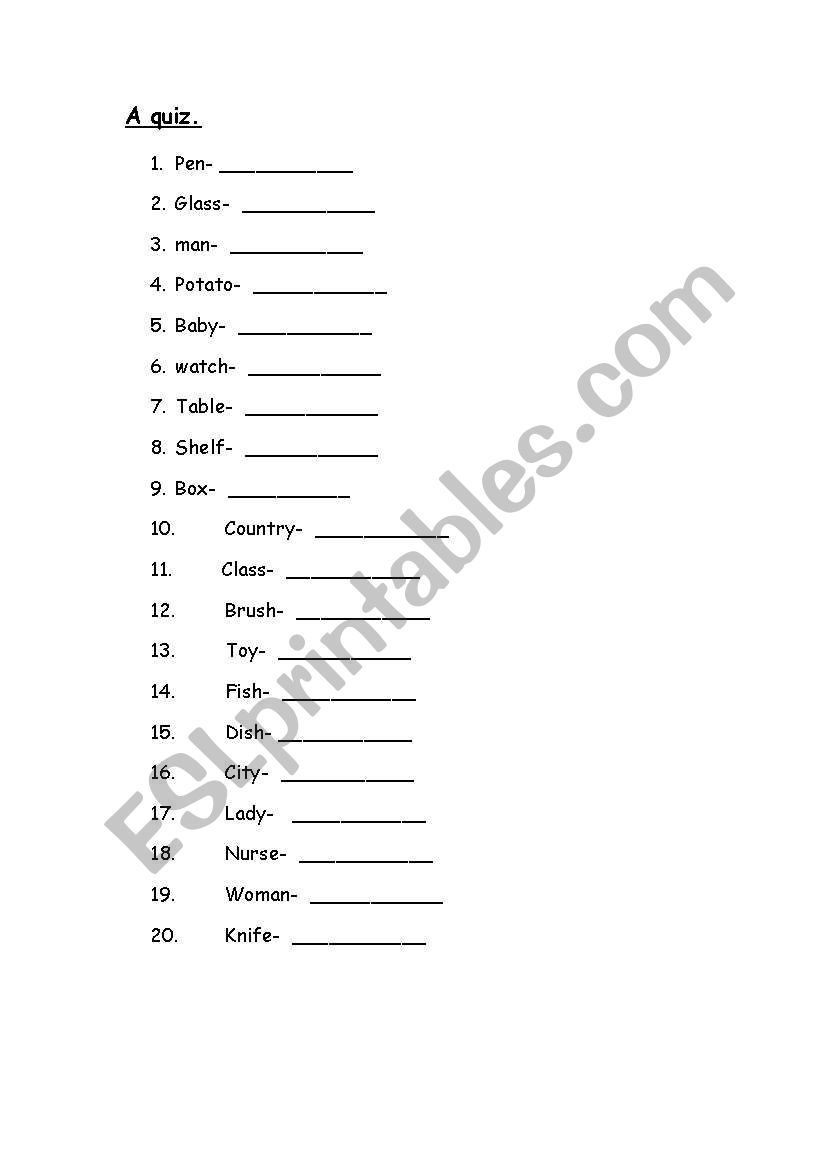 quiz- singular and plural worksheet