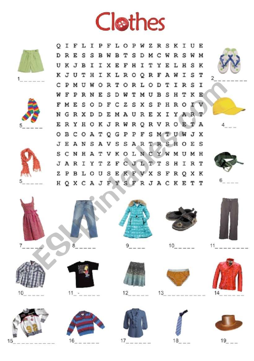 CLOTHES WORDSEARCH worksheet