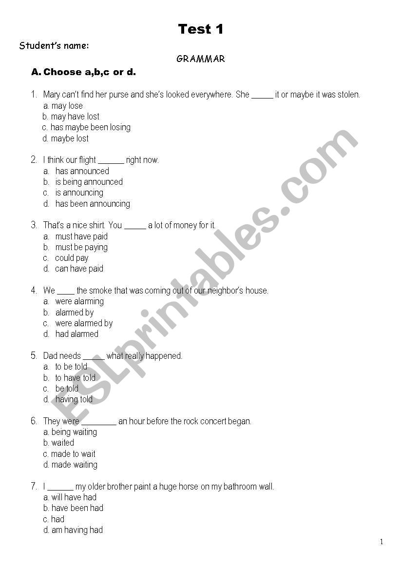 Multiple Choice Test worksheet