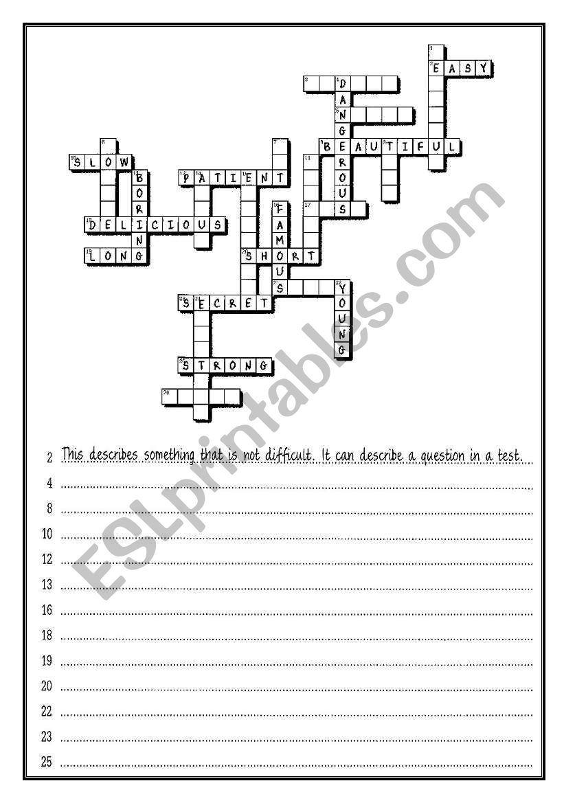 Crossword adjectives, each student gets half of the words