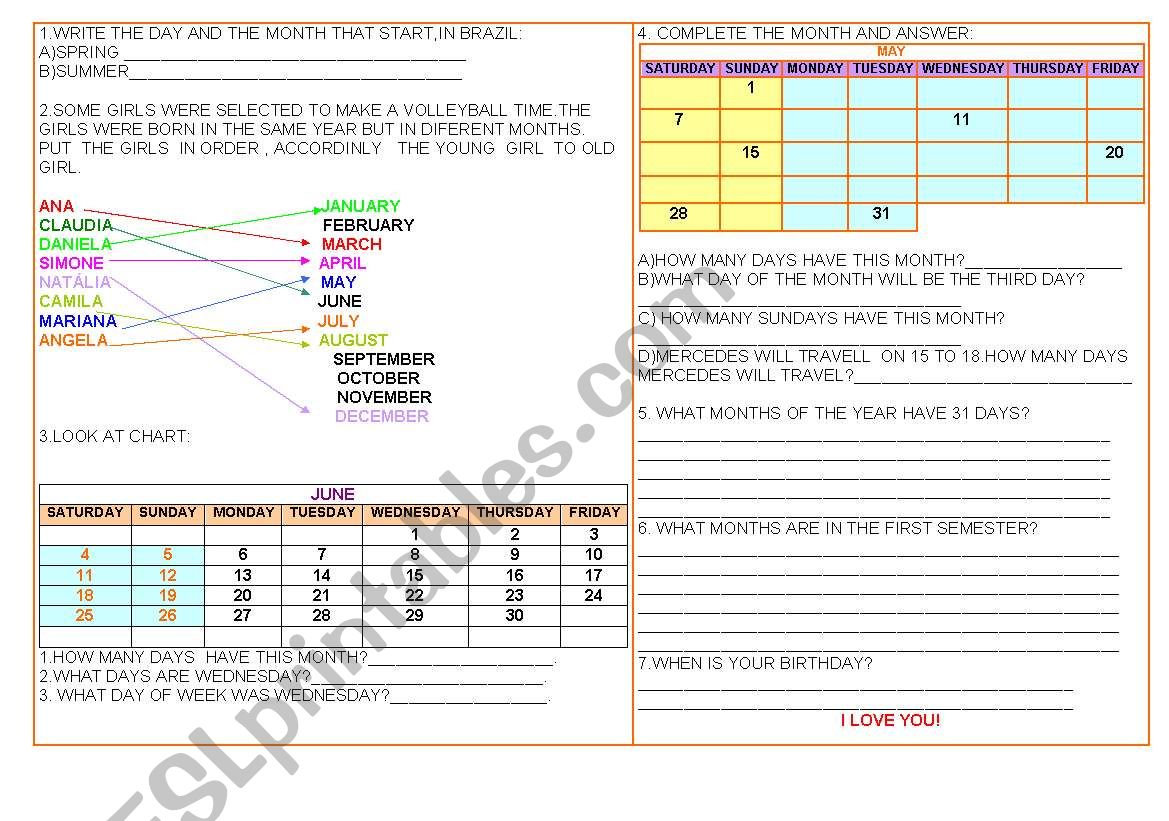 MONTHS ,DAYS AND NUMBERS worksheet