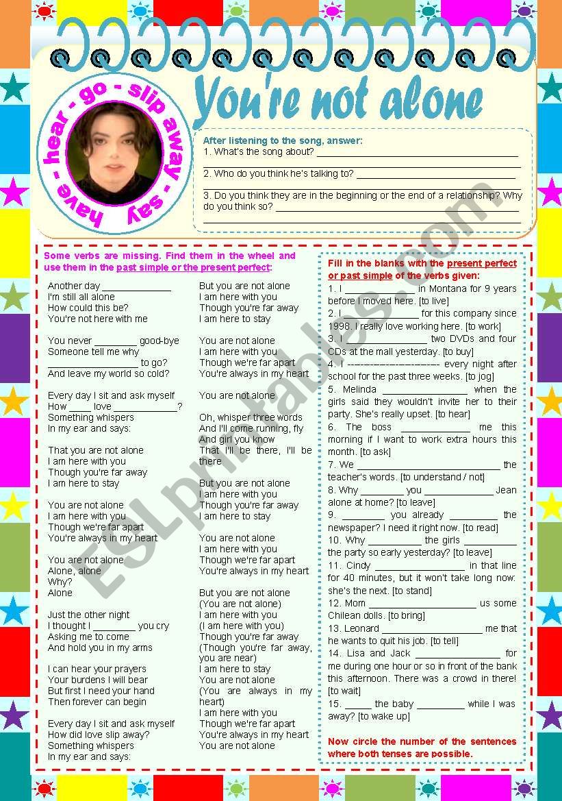 Songs4Class: Youre not alone  Michael Jackson   comprehension, listening and grammar tasks   past simple vs. present perfect   2 pages   keys included   editable