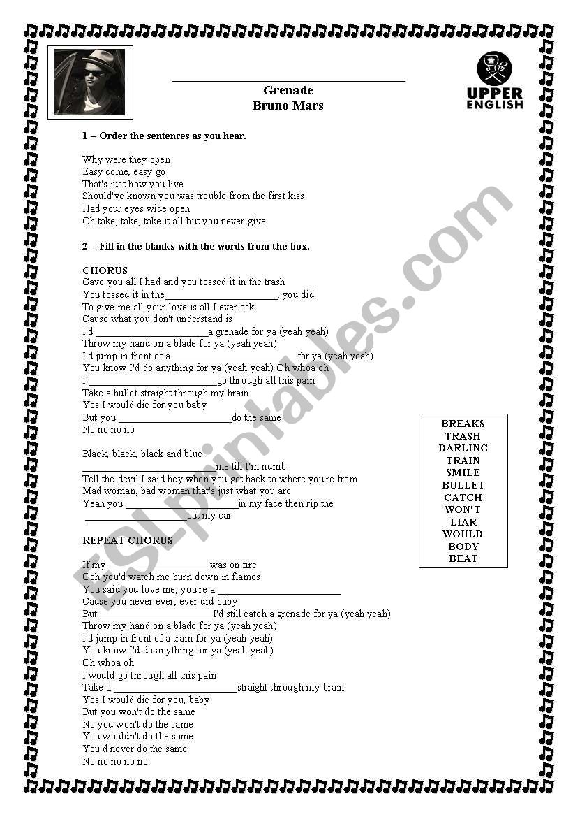 Grenade song worksheet