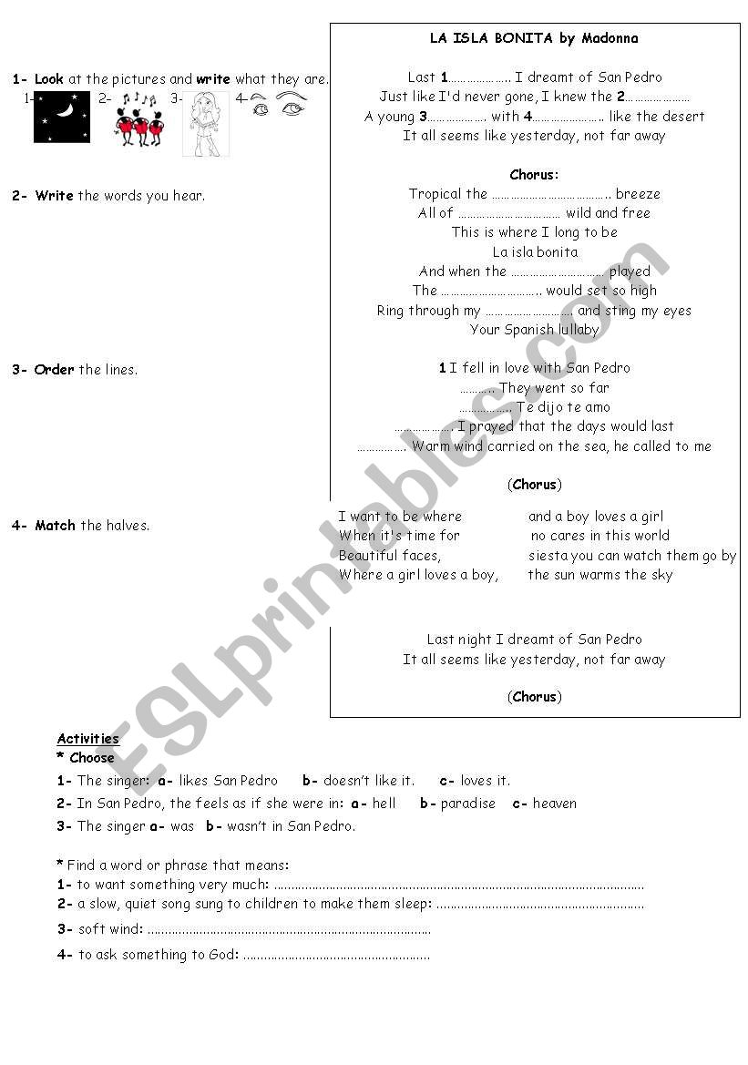 La Isla Bonita by Madonna worksheet