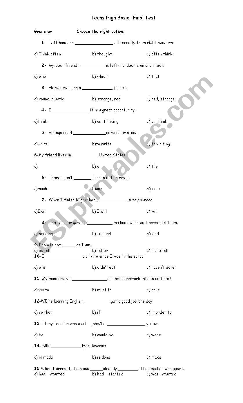 Pre- intermediate final test worksheet